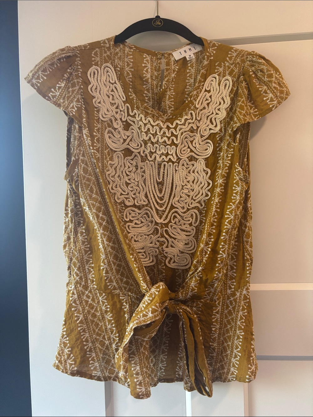 THML Mustard Yellow Embroidered Tie-Front Blouse